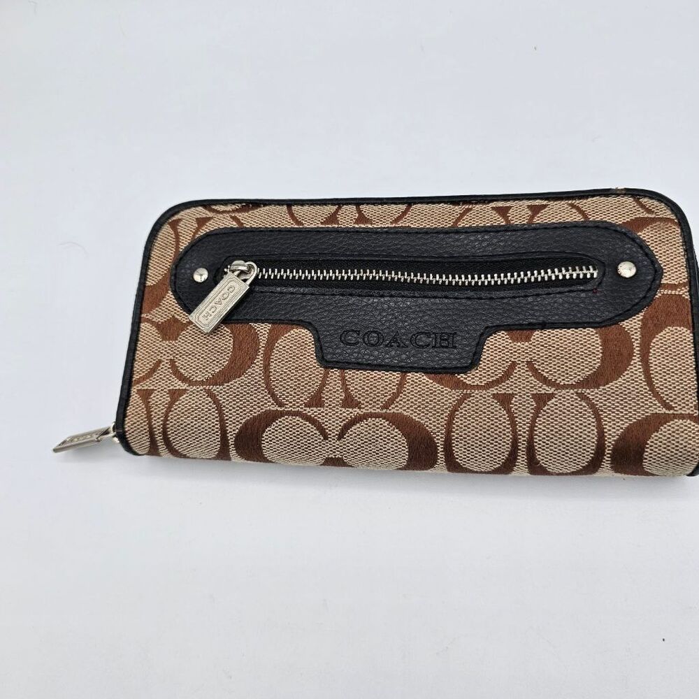 Coach Signature Zip Around Wallet Khaki Brown Canvas Black Leather Accordion